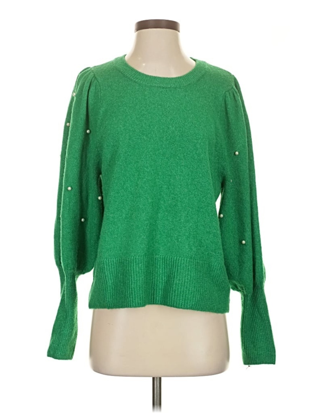 CeCe Emerald Green Pearl-Embellished Crewneck Sweater - Large
